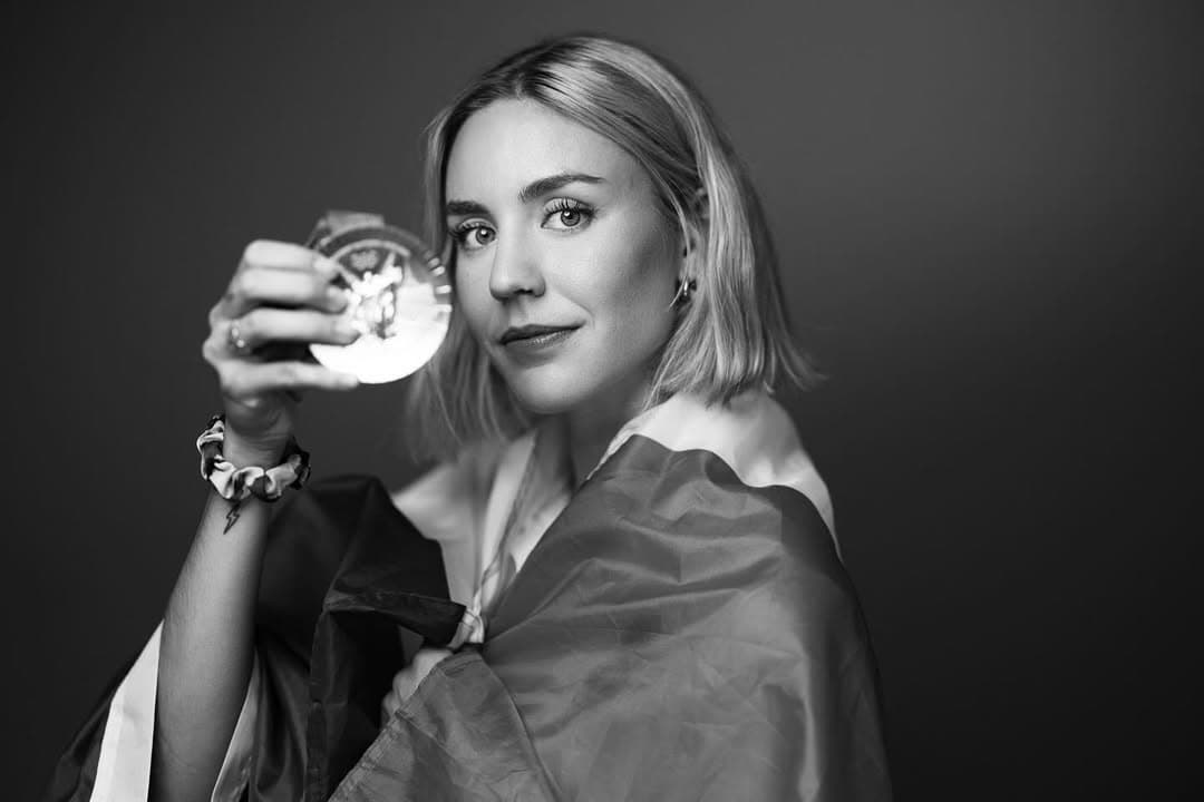 Cassandre Beaugrand, editorial portrait holding her Olympic medal.